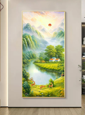 风景旭日东升壁画过道山水挂画走廊正对门客厅装饰画玄关油画入户