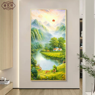 风景旭日东升壁画过道山水挂画走廊正对门客厅装饰画玄关油画入户
