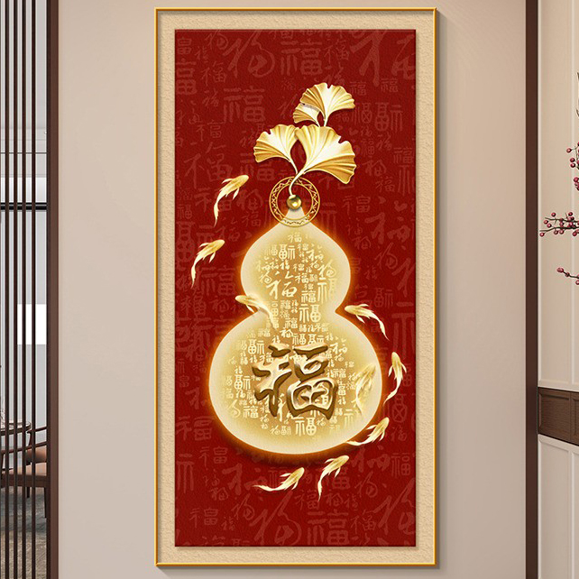 中式九鱼门墙新迎百福图壁画葫芦玄关入户福禄红色聚财挂画装饰画图片