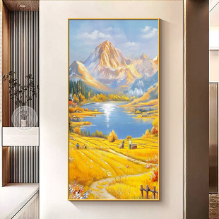 聚财正对门挂画图山水画丰收麦田聚宝盆画入户日照玄关装饰画金山