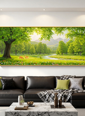 大树鹿背景墙挂画装饰画卧室床头高级绿色沙发清新森林风景画客厅