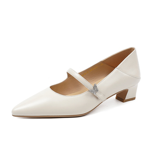 哈森HS257913商场同款2025春季新款粗跟尖头时尚优雅玛丽珍女单鞋