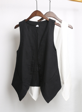 夏季马甲女薄款修身女式外搭背心开衫黑色棉麻马夹小坎肩亚麻女款