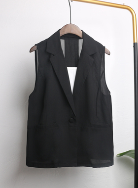 夏季薄马甲女士外搭黑色轻薄小西装宽松背心马夹短款夏天雪纺上衣