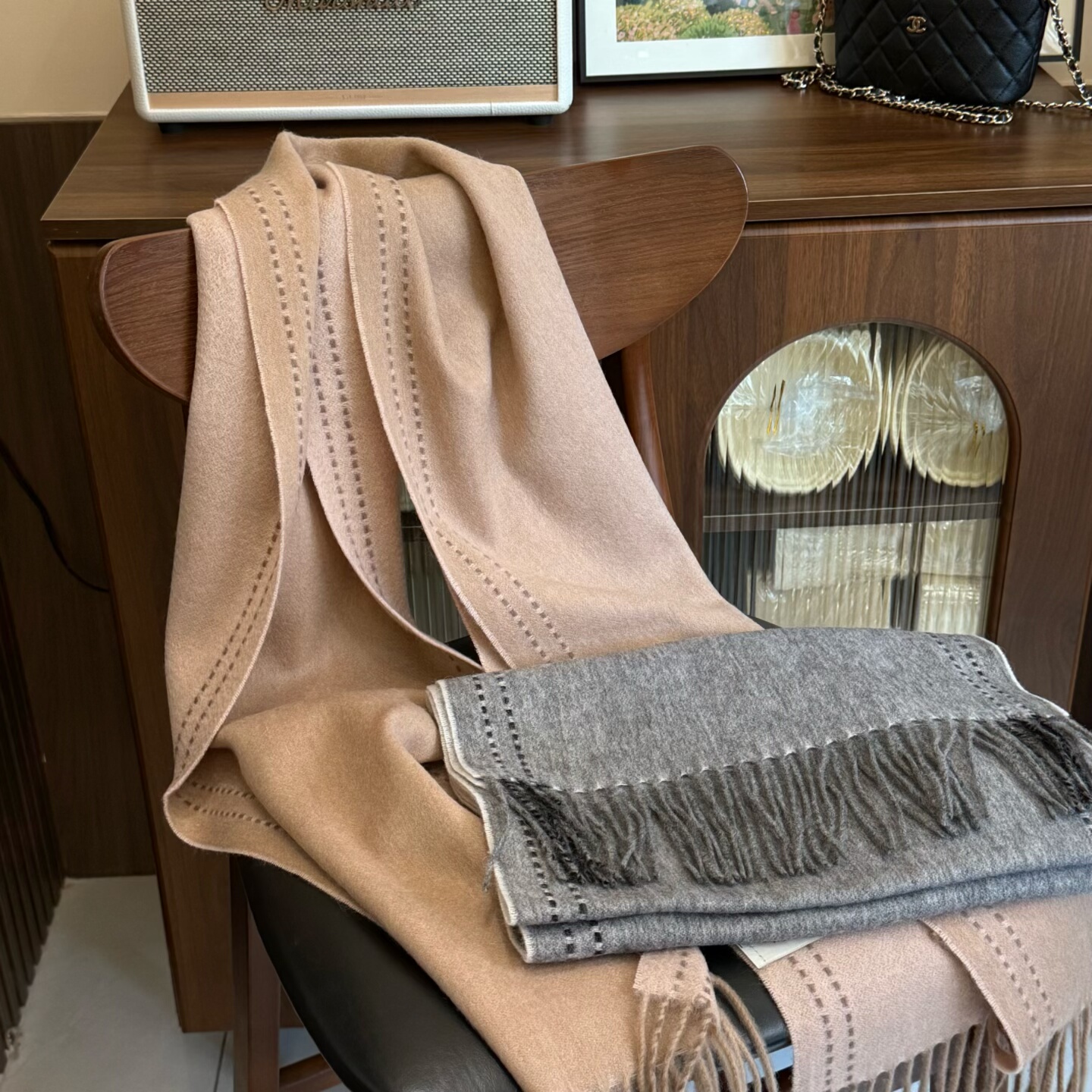 秋冬小众双面加厚保暖羊毛围巾韩版百搭拼色长款围脖灰色两用披肩