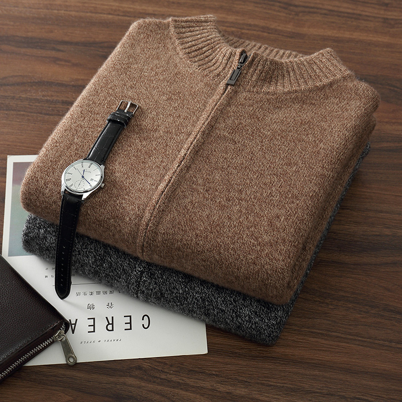 高端男士秋冬新款100%羊绒衫半高领加厚保暖拉链开衫宽松针织外套