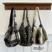 韩国东大门代gou 新款 毛绒托特包竖条纹布袋英伦格纹单肩包大容量