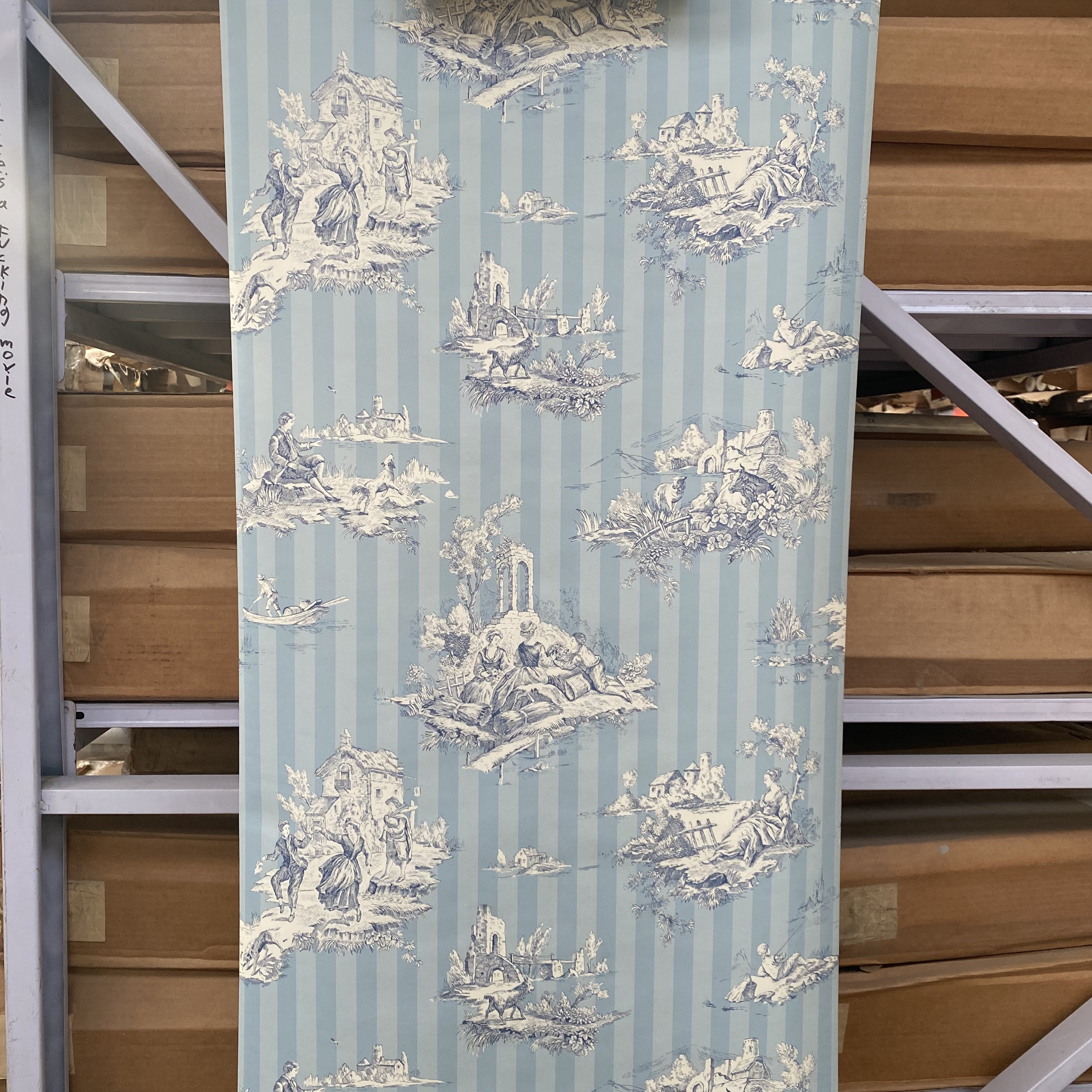 现货美国进口纯纸环保壁纸美式乡村蓝色法式人物卧室电视背景墙纸