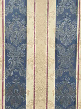 进口纯纸环保壁纸现货古典简约客厅欧式美式马士革蓝色竖条纹墙纸