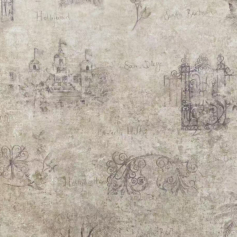 加拿大进口环保纯纸壁纸现货复古轻奢建筑城堡别墅书房背景墙和纸