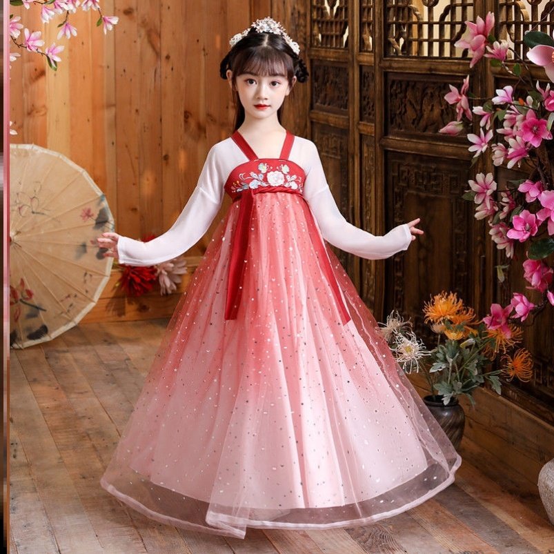 幼儿园古装女童胭脂妆演出服中国风女童古筝表演服桃花笑舞蹈裙子