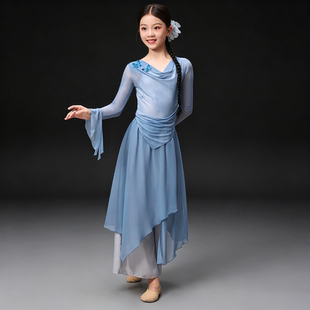 中小学生青花瓷舞蹈服古典舞演出服女童蓝色纱衣套装中国舞练功服