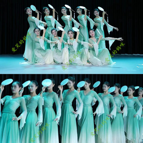 入莲间舞蹈服装绿色飘逸舞台套装亲子同台古典舞伞舞蹈服装演出服