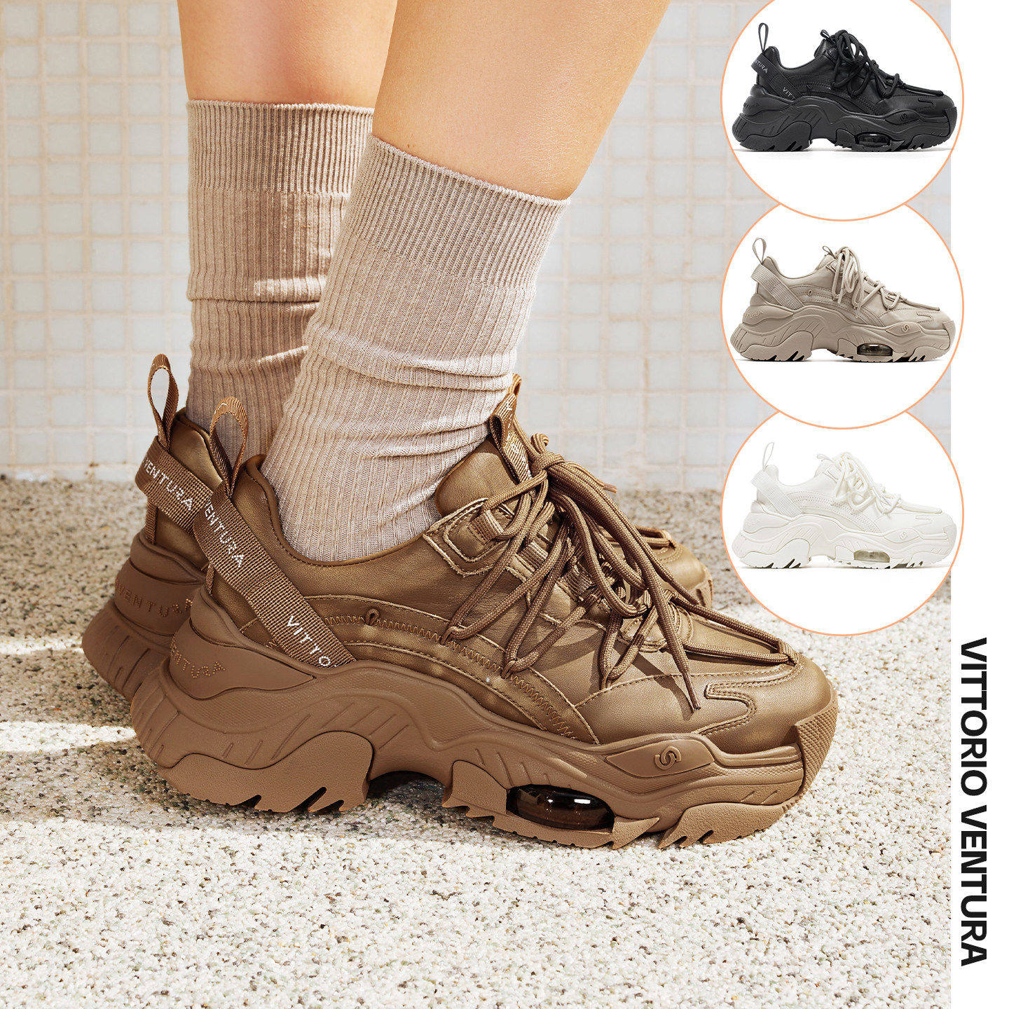 明星同款VITTORIO VENTURA薇薇燃 牛皮气垫增高厚底老爹鞋