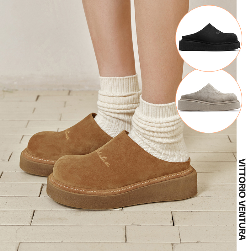 VITTORIO VENTURA薇薇燃 反绒牛皮一脚蹬勃肯厚底穆勒拖鞋