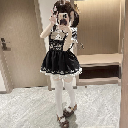 原创【甜系萌款】Lolita女儿服背带裙套装黑 短袖上衣 轻Lo日常款