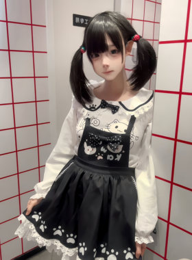 原创Lolita女儿服背带裙套装黑白款长袖生日裙 轻Lo日常款 礼盒装