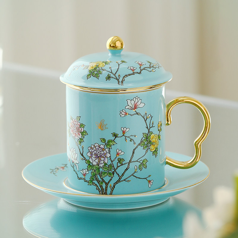 西湖蓝高档泡茶杯茶水分离杯马克杯办公杯家用喝茶杯中国风陶瓷杯