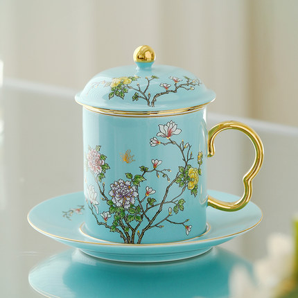 西湖蓝高档泡茶杯茶水分离杯马克杯办公杯家用喝茶杯中国风陶瓷杯