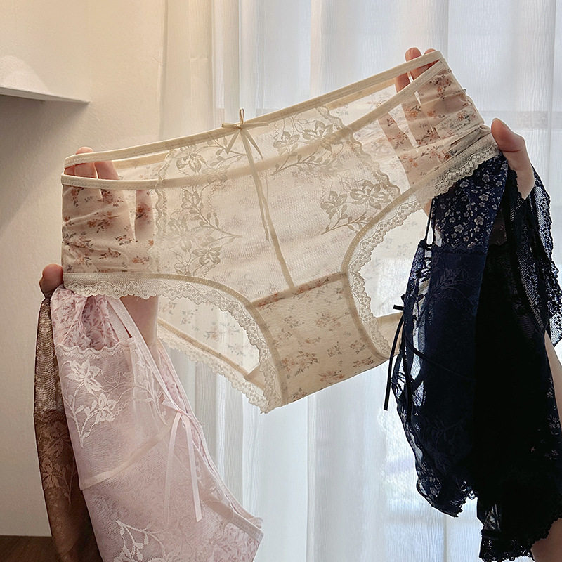 性感蕾丝内裤女细网纱双侧细绑带中腰短裤纯棉抗菌加长裆女士内裤