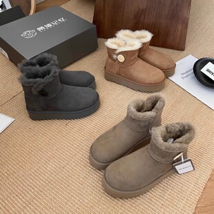 桑坡雪地靴厚底木扣皮毛一体毛绒鞋加绒加厚中筒女零下40度雪地棉