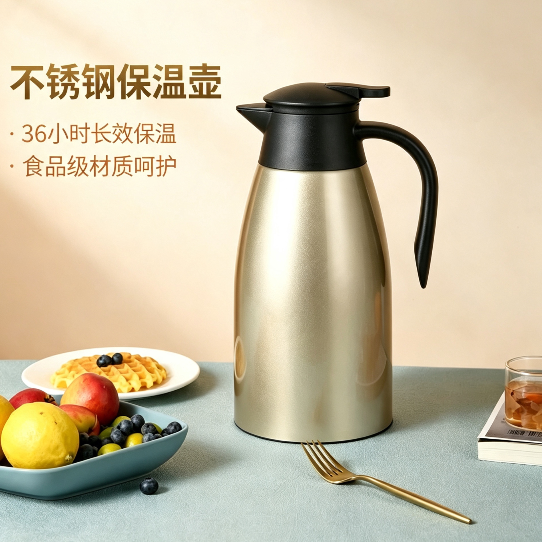 维雅康304不锈钢保温壶欧式风家用大容量热水壶双层咖啡壶保温瓶