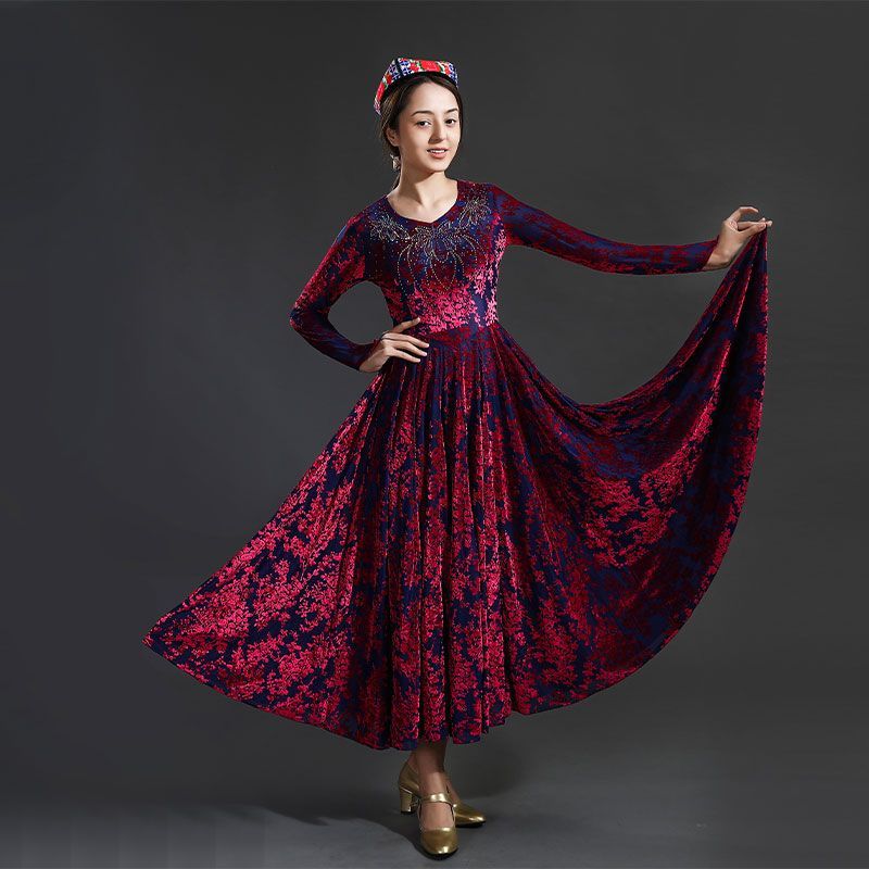 金丝绒烫钻舞蹈服新疆舞大摆裙720度连衣裙维吾尔族女式演出服装