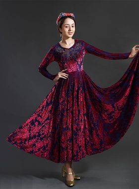 金丝绒烫钻舞蹈服新疆舞大摆裙720度连衣裙维吾尔族女式演出服装