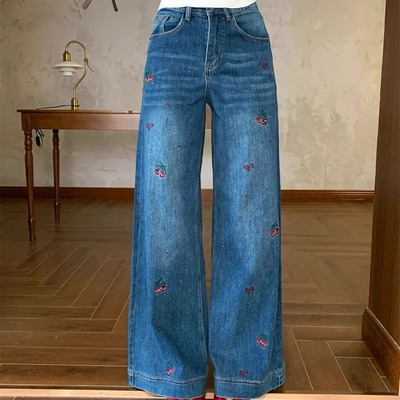 LEAP DREAM官方授权 樱桃刺绣烫钻阔腿牛仔裤高腰显瘦长裤女裤子