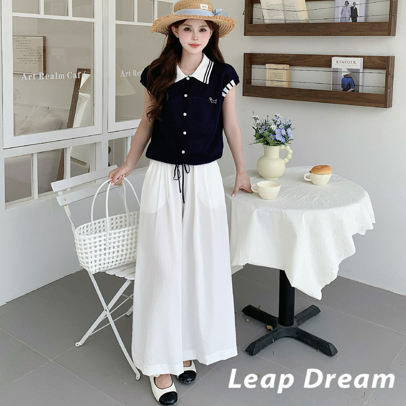 LEAP DREAM买手店翻领坎肩排扣针织衫棉麻垂感阔腿裤女休闲裤新款