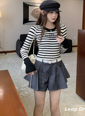 LEAP DREAM官方授权撞色条纹字母坑条针织衫修身显瘦打底衫女秋冬