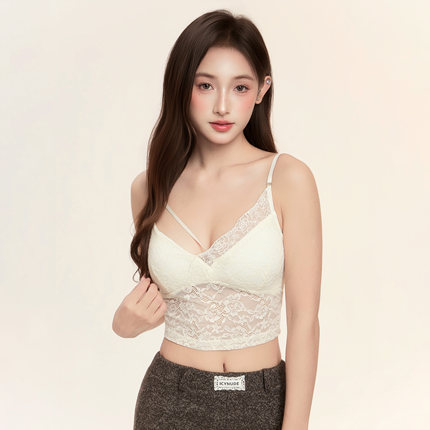 ICYNUDE官方授权 杏色蕾丝镂空吊带背心时尚性感短款打底内搭女秋