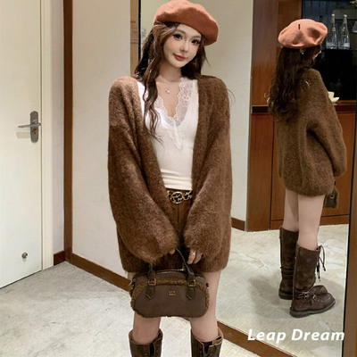 LEAP DREAM官方授权圈圈纱灯笼袖针织开衫宽松休闲外套女秋冬新款