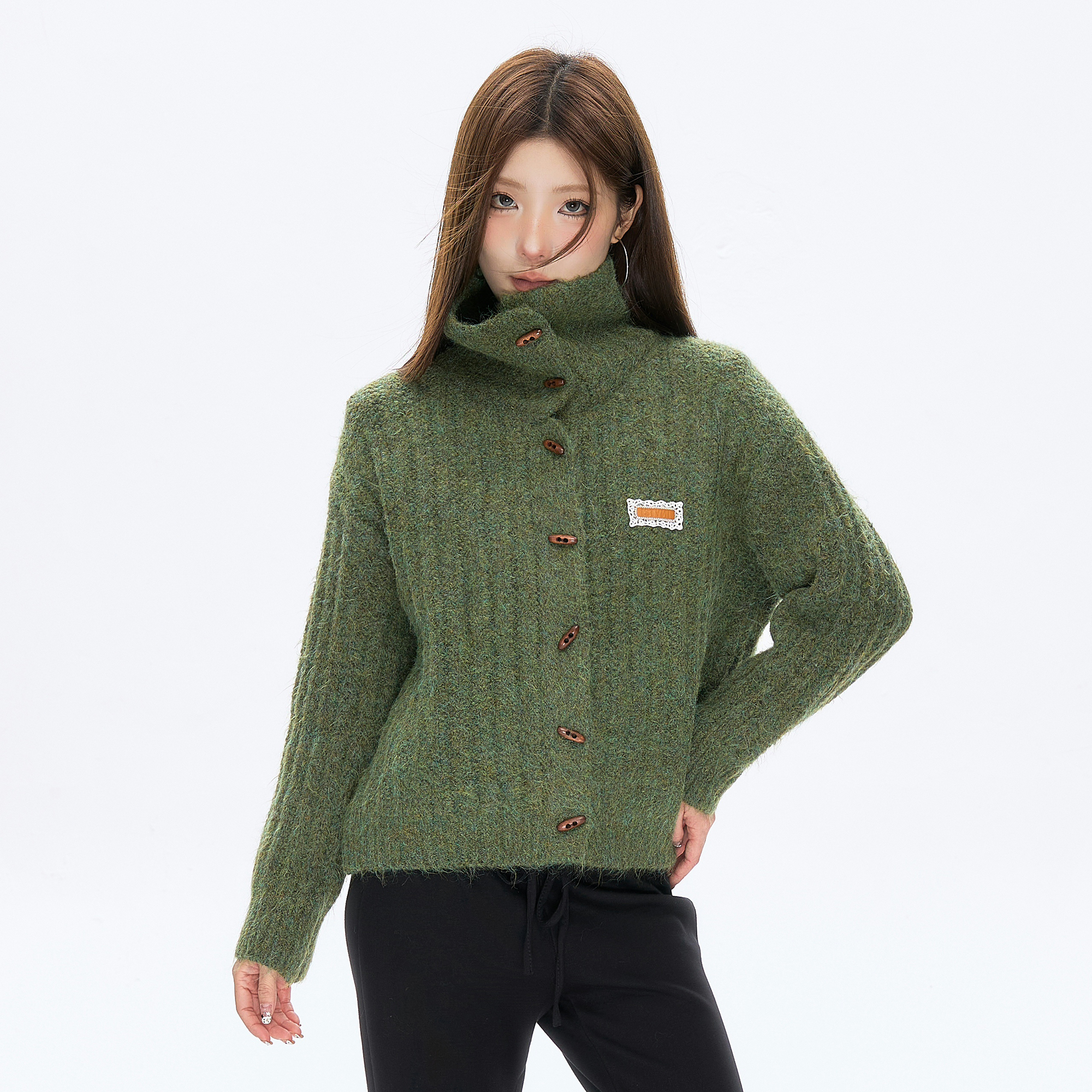 ISTYNI官方授权 绿色牛角扣立领针织开衫宽松韩版外套上衣女秋冬