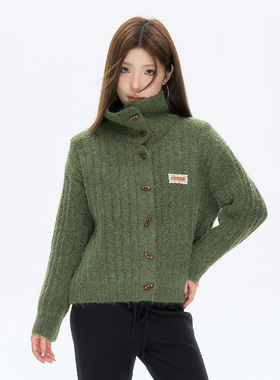 ISTYNI官方授权 绿色牛角扣立领针织开衫宽松韩版外套上衣女秋冬