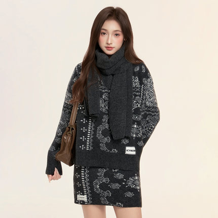 ICYNUDE官方授权 深灰提花半裙围巾三件套休闲针织时尚套装女秋冬