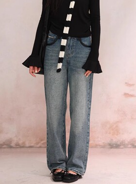 EFONI官方授权 拼皮显瘦直筒牛仔裤长裤高腰显瘦时尚休闲裤女秋冬