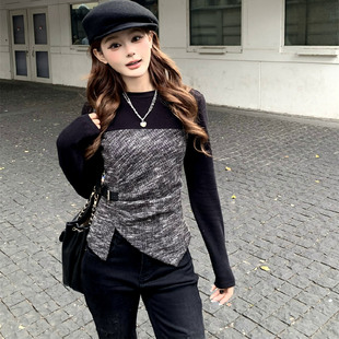 Minxsusu官方授权 收腰上衣 皮塔扣拼色长袖