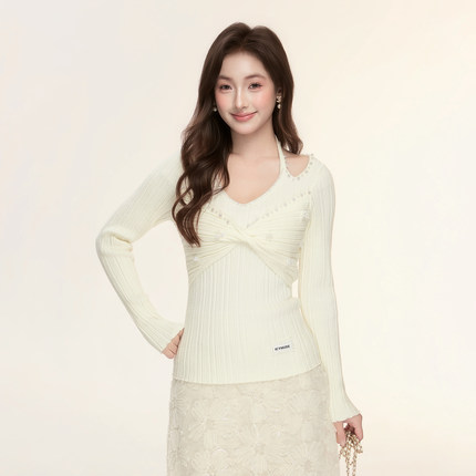 ICYNUDE官方授权 钉珠交叉结针织上衣设计感时尚修身长袖打底衫女