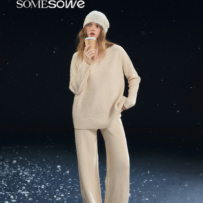SOMESOWE官方授权 华夫格针织套装休闲上衣长裤两件套女秋冬新款