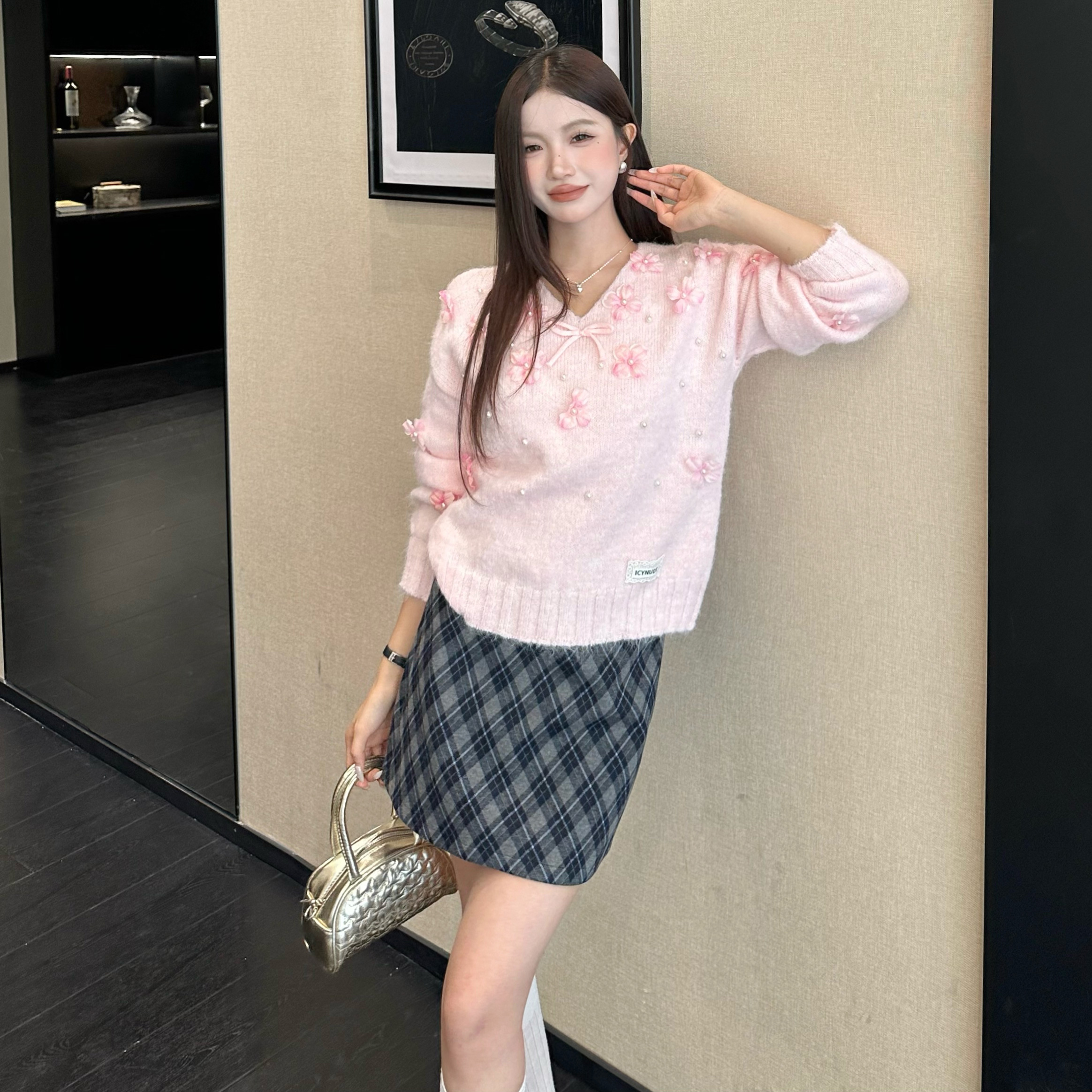 ICYNUDE 买手店粉色花朵针织上衣甜美百搭显瘦休闲套头毛衣女新款