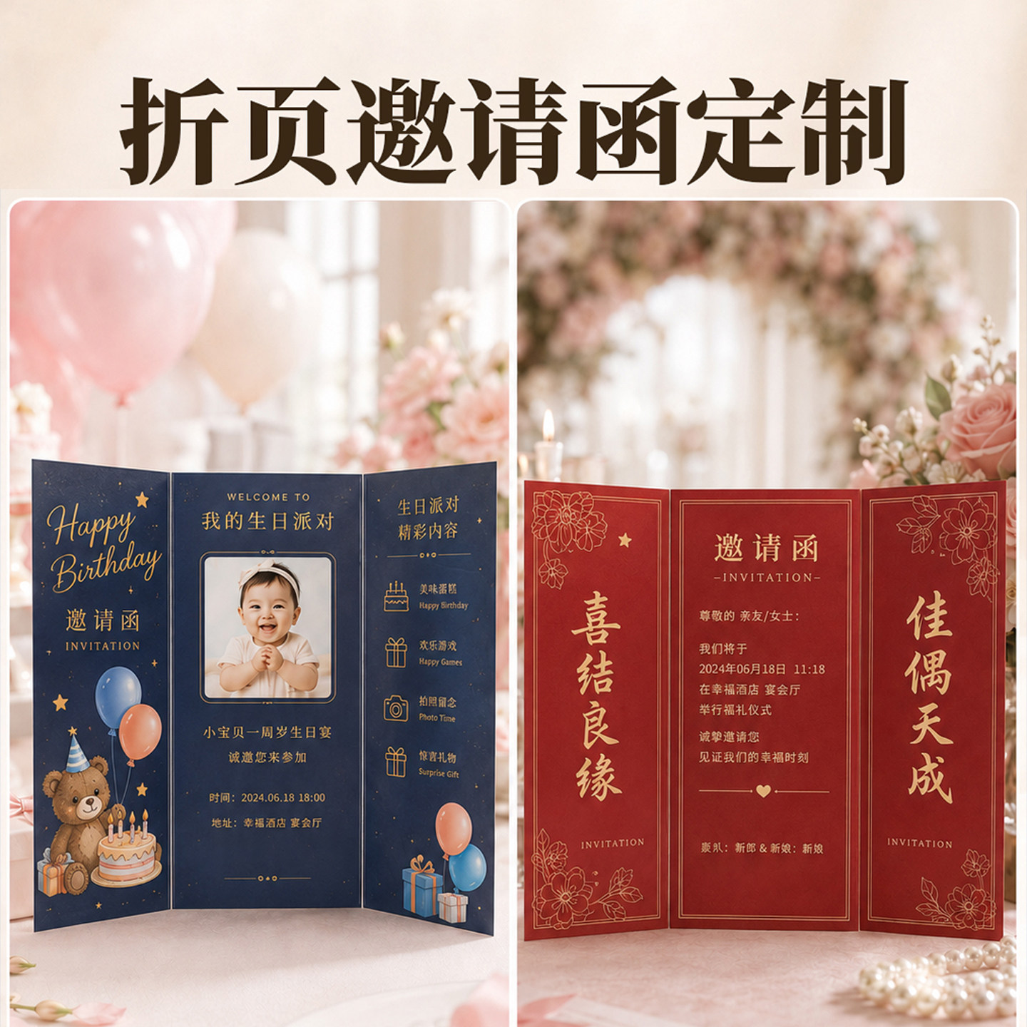 邀请函定制折页生日宴请柬婚礼邀请卡宝宝周岁宴派对请帖卡片制作