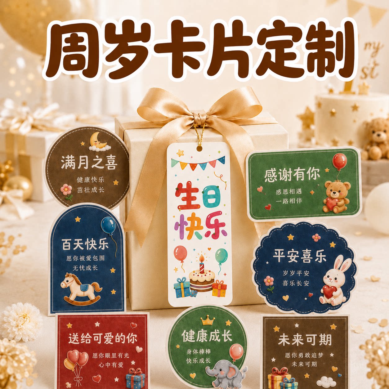 周岁卡片定制宝宝满月卡百天卡生日宴祝福卡感谢卡回礼卡来图制作