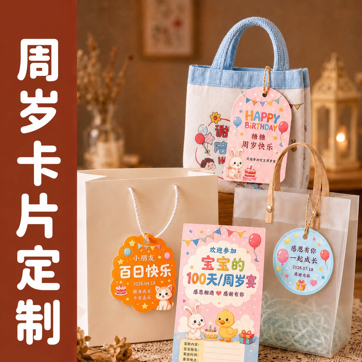 周岁卡片定制宝宝生日宴邀请卡吊牌手提袋挂卡感谢卡祝福卡制作