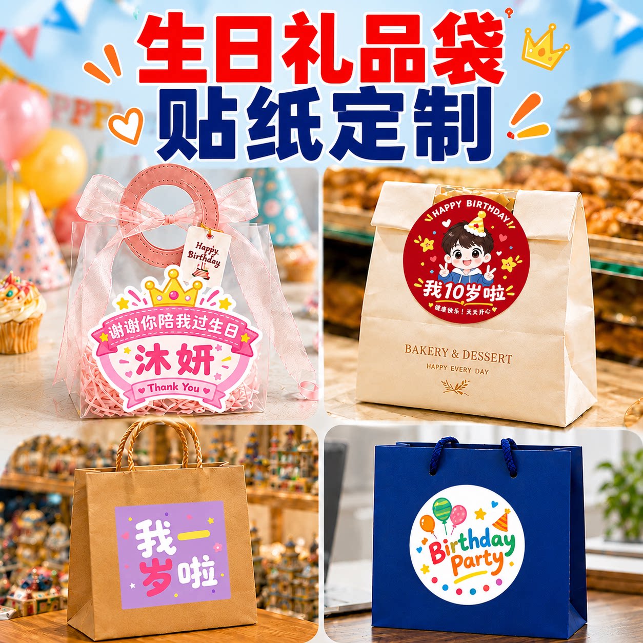 生日礼品袋贴纸定制礼袋纸袋商务手提袋礼盒包装不干胶封口贴印刷