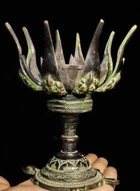 仿古纯铜莲花灯蜡烛台家居佛堂烛台莲花供佛灯台藏式油灯摆件