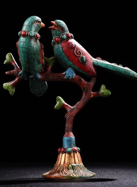 纯铜纯手工打造镶嵌宝石彩绘描金喜鹊登梅双喜临门铜器摆件喜鹊鸟