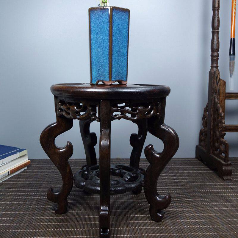 古玩古董收藏黑檀木圆形花架底座家居办公室桌面玄关装饰礼品摆件