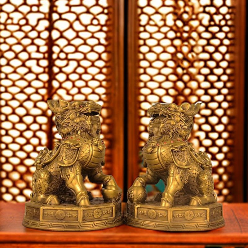 古玩收藏纯铜八卦瑞兽麒麟一对铜器工艺品家居办公室玄关装饰摆件
