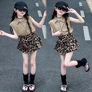 女童夏装套装2026新款潮儿童裙子洋气无袖衬衫时尚豹纹短裙两件套
